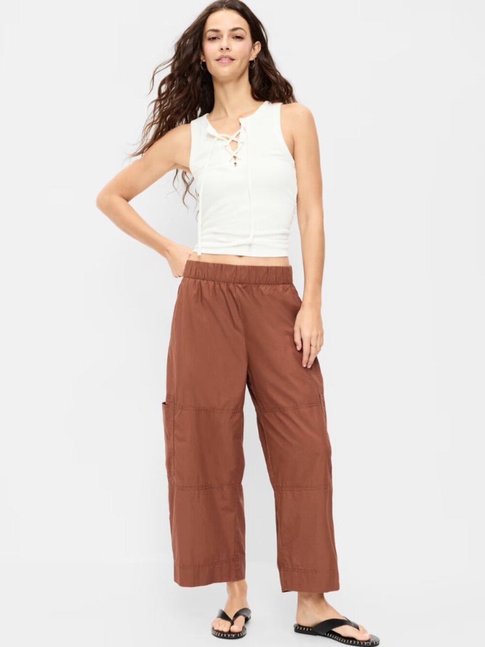 Old Navy Mid-Rise Cropped Cotton Barrel-Leg Utility Pants Coco De Mer Large T